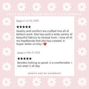 May include: A graphic featuring customer reviews for a handmade product. The reviews are displayed on a white background with a floral design, set against a muted pink backdrop. The text includes positive feedback and the shop's name.