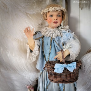 Cesta de piquenique de vime francês tecido boneca Bebe Jumeau criança