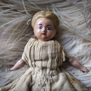Antiquariato tedesco cera su carta Mache Doll zucca tipo testa