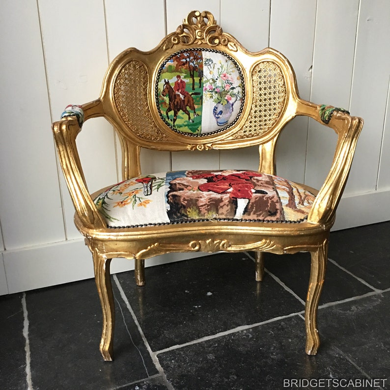 Antique 19th C Gold Leaf Wooden Arm Chair With Needlepoint Tapestry