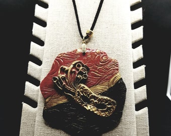 Long pendant,red, black, gold, long pendant necklace, mask, carnival, wide, large pendant, unique, polymer clay