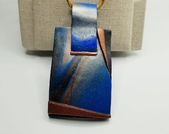 Long pendant, necklace, pendant, blue, gold, polymer clay, rectangular pendant, long blue necklace.