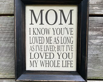 Gift for Mom from daughter, or son, I know you've loved me my whole life, Mothers day gift , Farmhouse decor