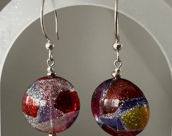 Autentici orecchini pendenti in vetro di Murano, leggeri, con fili in argento sterling / Modello Arlecchino / A forma di lenticchia/disco / Regalo per lei