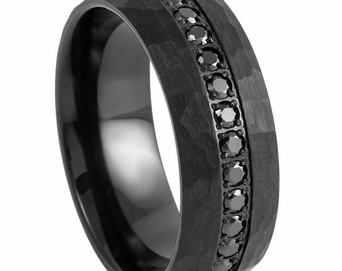 CZ Eternity Ring 8mm, Custom Black Tungsten Ring, Personalized Prong-Set Band for Wedding Anniversary or Engagement Gift for Him or Her