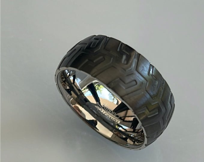 Tungsten Tire Tread Ring, 9mm Wedding Band, Sleek IP Plated Design Custom Engraved Black, Unisex Engagement Ring, Comfort Fit Jewelry Gift