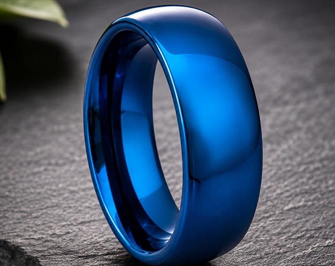 Custom Laser Engraved Ring, Personalized 8mm Blue Tungsten Carbide Wedding Band, Men's Promise Ring, Comfort Fit Anniversary Wedding Jewelry
