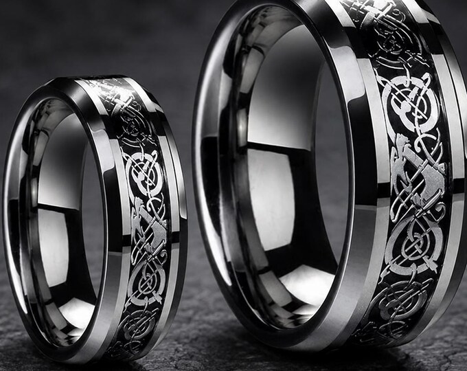Celtic Dragon Knot Rings with Carbon Fiber Inlay, Black Tungsten Dainty Wedding Bands Set for Couple, Custom Engraved Matching Ring Set