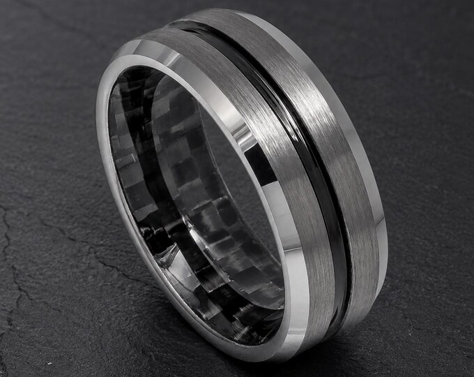 Black Tungsten Wedding Band with Carbon Fiber Inlay, Personalized Engraved Ring, Modern Matte Finish Anniversary Ring, Custom Groom Gift