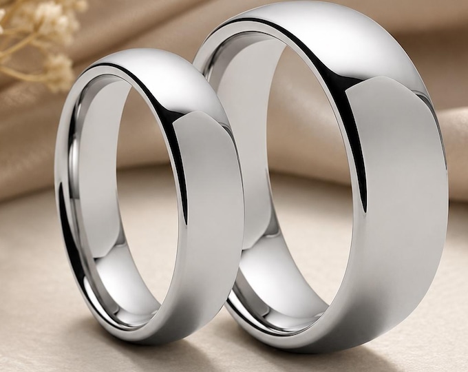 Custom Engraved 6mm & 8mm Dome Rings, Personalized Tungsten Wedding Bands Set for Couples, Matching Promise Rings for Him and Her