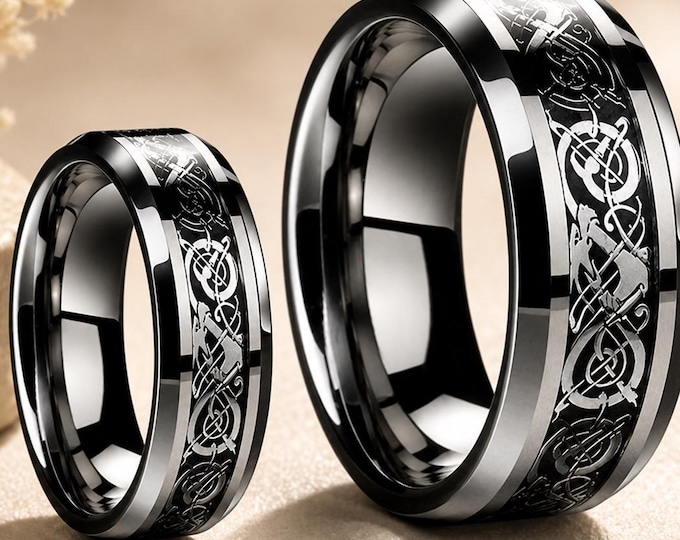 Custom Tungsten Bands for Couples, Personalized Celtic Dragon Wedding Ring Set, Engraved 8mm 6mm Dragon Knot Rings, Unique Anniversary Gift