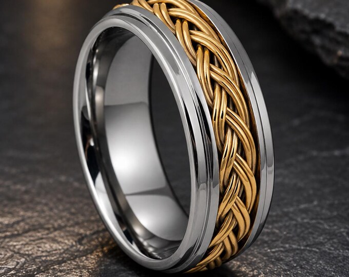 Personalized Custom Engraved Tungsten Band with Yellow Gold Braid Inlay,  Comfort Fit Wedding Ring, Promise Band Gift for Couples