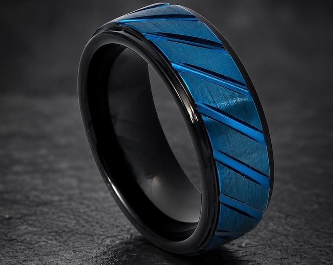 Comfort Fit Custom Wedding Ring Anniversary Gift, Engraved Blue Tungsten Ring, Brushed Black Two-Tone Wedding Band, Durable Band Jewelry