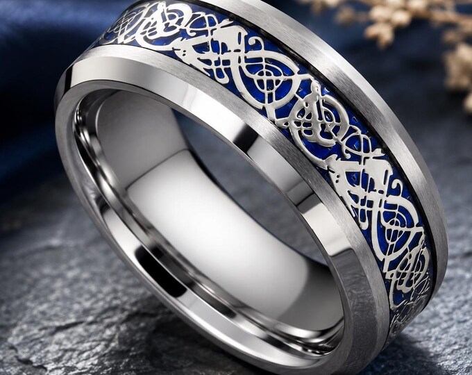 Engraved Tungsten Dragon Ring, Personalized 8mm Celtic Knot Wedding Band, Custom Mens Wedding Ring, Viking Promise Band, Comfort Fit Jewelry