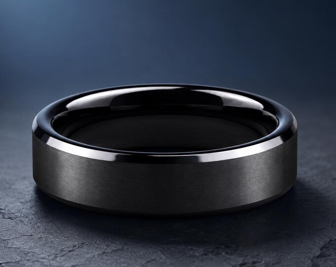 Beveled Edge Wedding Band, Comfort Fit Promise Ring, Couples Anniversary Gift, Personalized Black Tungsten Ring with Custom Engraving