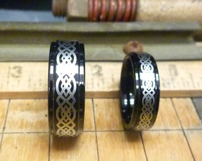Custom Celtic Cross Ring, Tungsten Wedding Band Jewelry Set, Black Plated 8mm/6mm Engraved Ring, Personalized Engraving Minimalist Ring