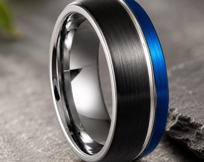 Three Tone Carbide Wedding Band, Brushed Wedding Band, Custom Engraved 8mm Blue Black Tungsten Ring, Personalized Promise Ring Jewelry Gift