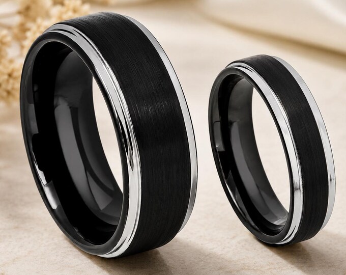 Personalized Black Plated Tungsten Wedding Bands, Brushed Silver Step Edge Rings, Custom Engraved Couple Wedding Rings Anniversary Gift