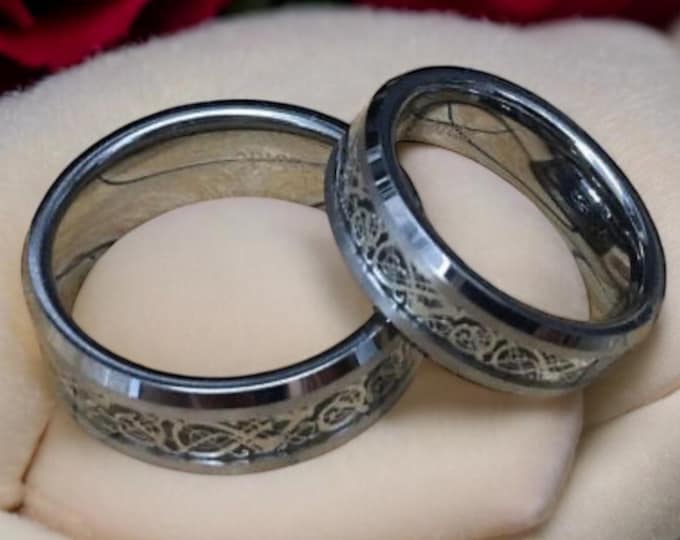 His and Hers Celtic Knot Tungsten Bands with Black Carbon Fiber Inlay, Custom Matching Gift, Personalized Dragon Wedding Rings for Couples