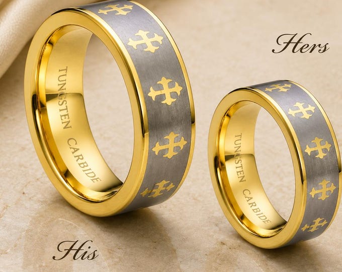 His & Hers Matching Rings, Personalized Gold Plated Celtic Cross Tungsten Band Set, Custom Engraved Wedding Bands, Comfort Fit Promise Rings