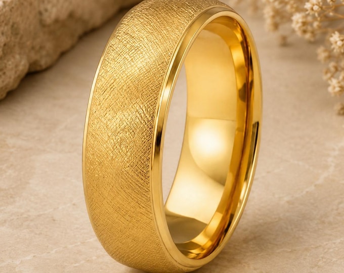 Florentine Brushed Finish Ring, Personalized 8mm 14K Yellow Gold Tungsten Band, Custom Engraved Wedding Ring, Comfort Fit Gift Couples