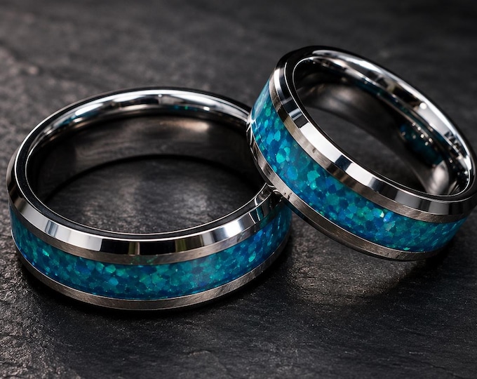 Hawaiian Blue Fiber Inlay Rings, Custom Engraved Tungsten Wedding Band Set, Personalized Matching Bands, Comfort Fit Anniversary Gift