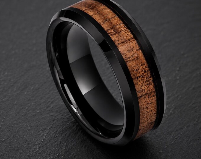 Custom Engraved Wood Tungsten Ring, Black Tungsten Ring, Hawaiian Koa Wood Inlay Wedding Band, Comfort Fit Anniversary Personalized Gift