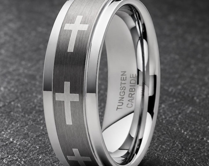 Brushed Finish Wedding Band, Personalized Promise Ring, Custom Christian Cross Tungsten Ring, Durable Religious Engagement Band Gift