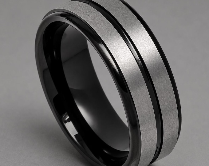 Custom Engraved Ring, Sleek Grooved Center Ring, 8mm Black Tungsten Carbide Wedding Band, Polished Beveled Edge Dainty Comfort Fit Band