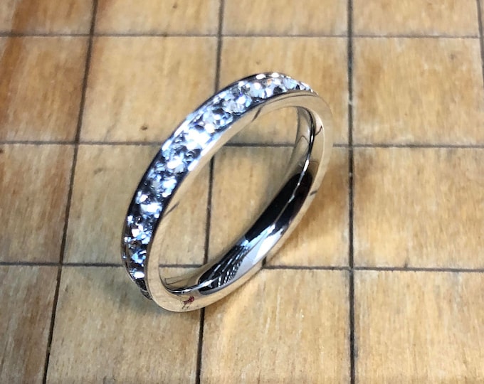 White Ip Plated Ring with Cubic Zirconia, Wedding Band for Men or Women, Custom Engraved 3mm Titanium Band, Personalised Eternity Ring