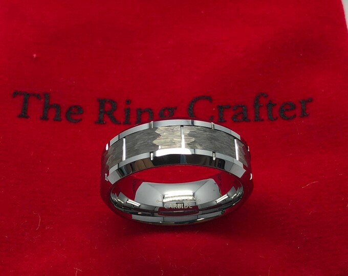 8mm Tungsten Carbide Ring, Custom Engraved Minimalist Ring, Hammered Notched Wedding Band, High Polish Finish Unique Grooved Design Ring