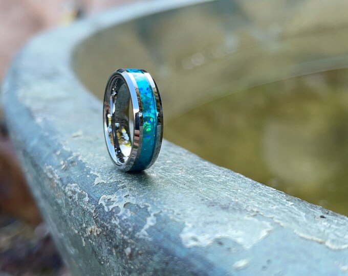 Tungsten Ring with Hawaiian Blue Inlay, Custom Engraved 6mm Comfort Fit Wedding Band for Men or Women, Unisex Jewelry Dainty Ring