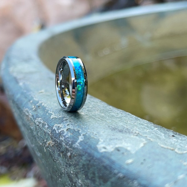 Bague en tungstène avec incrustation bleu hawaïen, alliance personnalisée gravée de 6 mm pour homme ou femme, bague fine unisexe