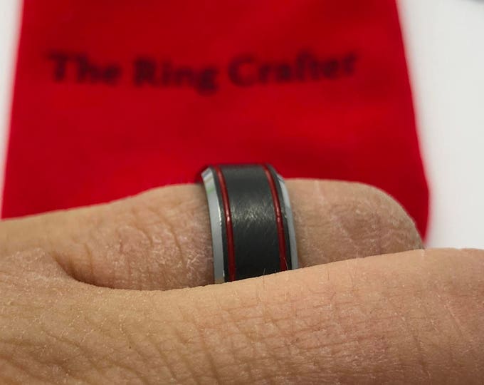 Red Line Promise Ring for Men, Custom Engraved Statement Ring, Tungsten Carbide Modern Band, Charcoal Gray 2-Groove Wedding Band