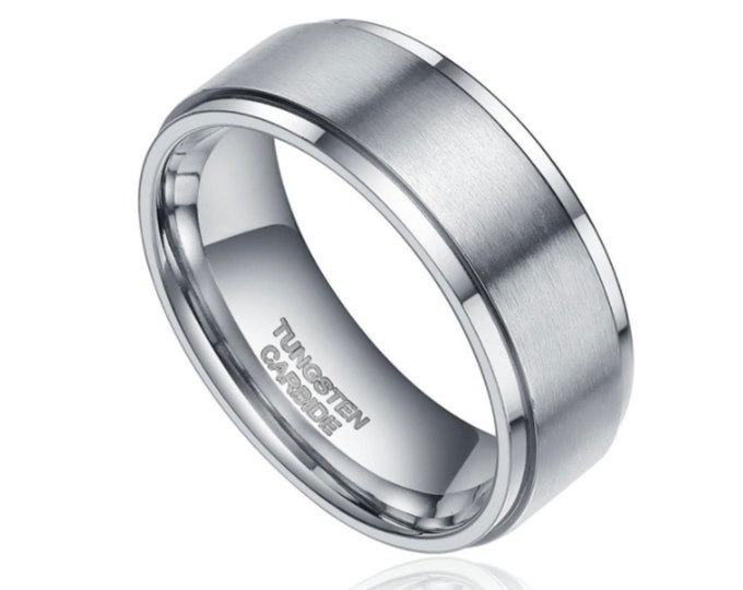 Personalized 8mm Tungsten Carbide Ring, Wedding Ring with Step Edge & Brushed Finish, Custom Engraved Band, Engagement Ring Anniversary Gift