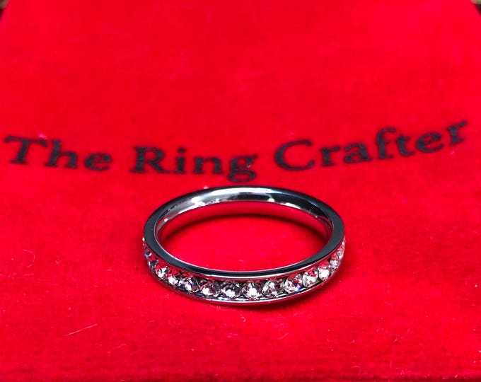 Custom Engraving - 3mm Titanium Band White IP Plated Eternity Ring Cubic Zirconia CZs  Wedding Band Ring for Men Or Women