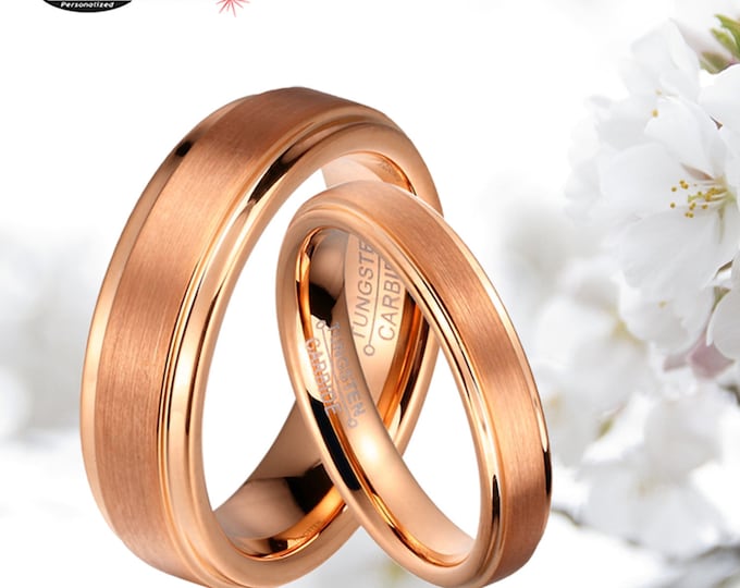 Tungsten Carbide Bands with Fibre Inlay, His & Hers Matching Rings, Custom Engraved Rose Gold Wedding Ring Set, Engagement Ring Set