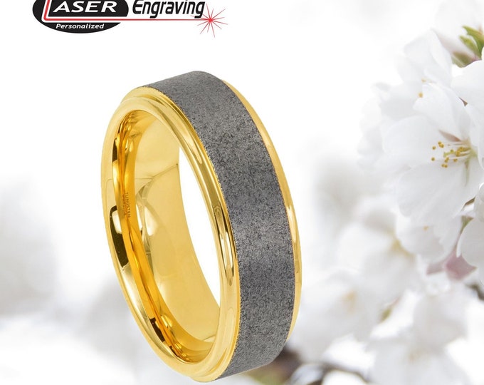 Silver Brushed & Gold IP Inside Ring, Unisex Two-Tone Step Edge Ring, Custom Engraved Dainty Ring, 8mm Tungsten Carbide Wedding Band