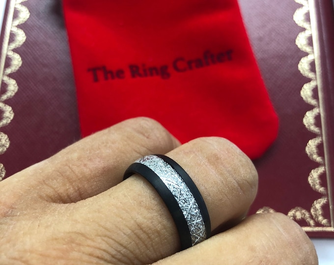 Engraved 8mm Statement Ring, Black Tungsten Ring with Meteorite Inlay, Silver Brushed Wedding Band for Men/Women, Customizable Promise Ring