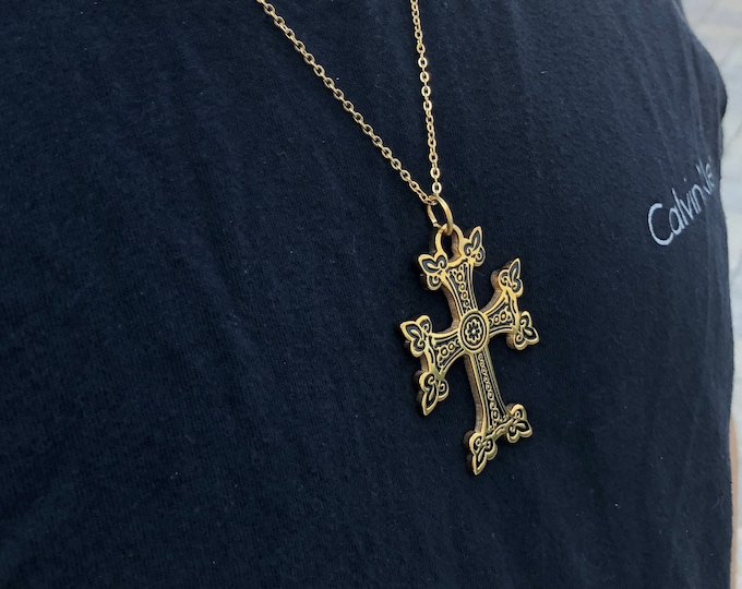 Custom Engraving Men Or Ladies Khachkar Armenian Large Cross Pendant  Yellow Gold IP Stainless Steel with 22 inch Necklace Chain