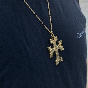 Personalized Khachkar Cross Necklace for Men & Women, Armenian Gold Stainless Steel Pendant with 22&quot; Chain, Custom Engraving Necklace Gift