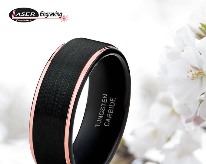 Tungsten Carbide Two-Tone Brushed Rose Gold Ring, 8mm Custom Engraved & Black IP Inside Beveled Edge Ring, Wedding Band for Men and Women