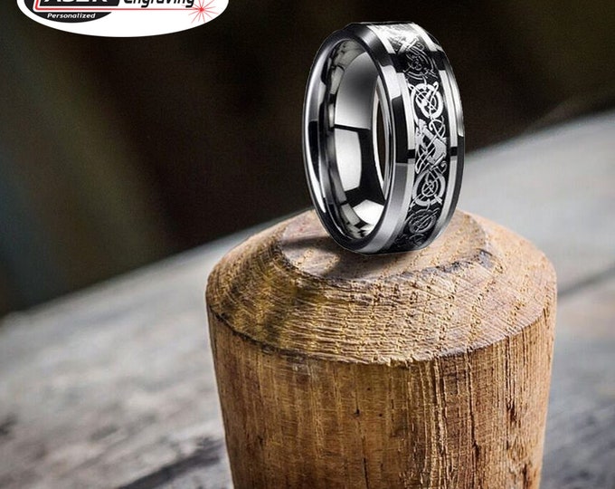 Personalised Silver Tungsten Dainty Ring, Celtic Dragon Wedding Band, 6mm Custom Engraved Ring for Him or Her, Durable Promise Ring