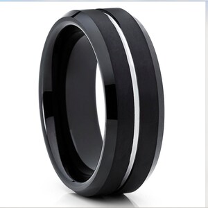 Engraved Black Tungsten Wedding Band: Silver Line, Blue Groove, Beveled Edge