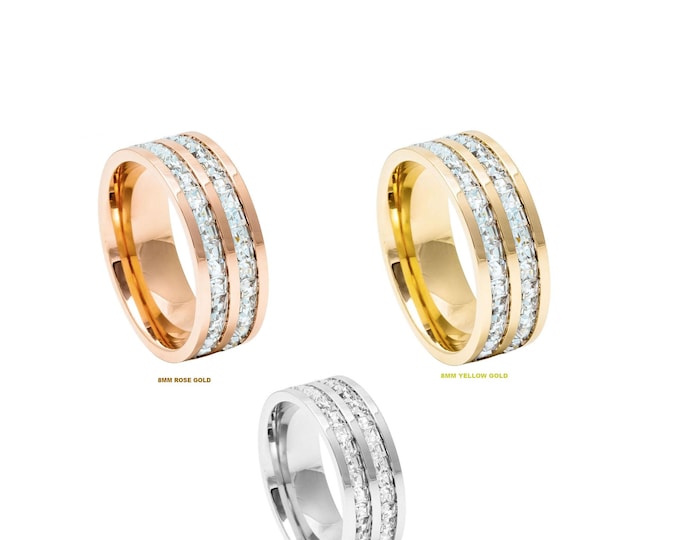 Titanium Cz Eternity Band, Double Row Princess Cut Ring, Cz Wedding Ring for Him or Her, 8mm Gold Silver & Rose Gold Engagement Ring