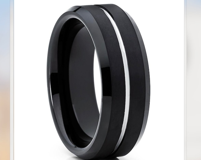 Wedding Band for Men, Custom Engraved Black Tungsten Ring with Silver Thin Line, Beveled Edge Blue Groove Ring, 8mm Comfort Fit Ring