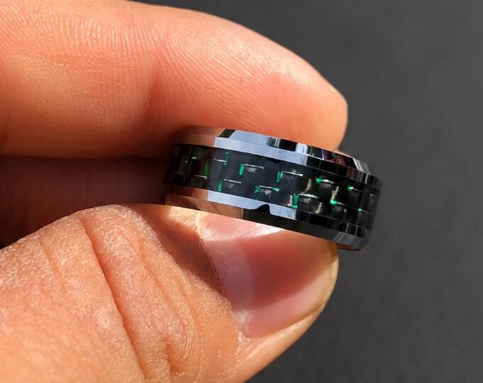 Black & Green Carbon Fiber Ring, Engraved 9mm Tungsten Carbide Wedding Band, Men's Comfort Fit Personalized Anniversary Ring, Durable Gift