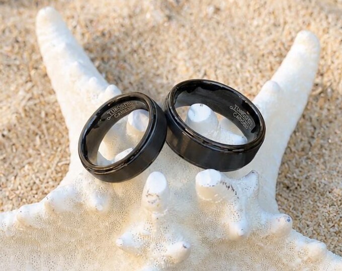 Black Tungsten Wedding Band Set, Custom Personalized Engraving Brushed Step Edge Rings, Comfort Fit Couple Wedding Rings, Matte Black Bands