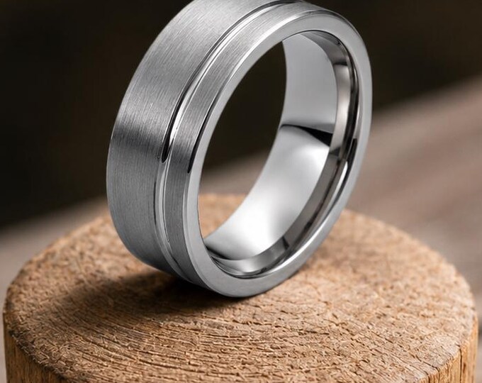 Brushed Center Ring with Grooved Cut, Custom Engraved 8mm Tungsten Wedding Band, Personalized Couples Ring, Comfort Fit Promise Ring Gift