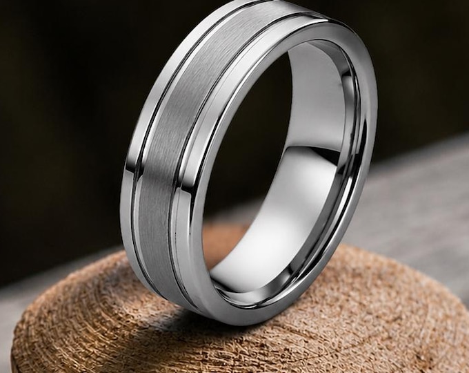 Custom Engraved Ring, Grooved Tungsten Carbide Ring, Personalized Brushed Tungsten Wedding Band 8mm, Couples Anniversary Promise Gift